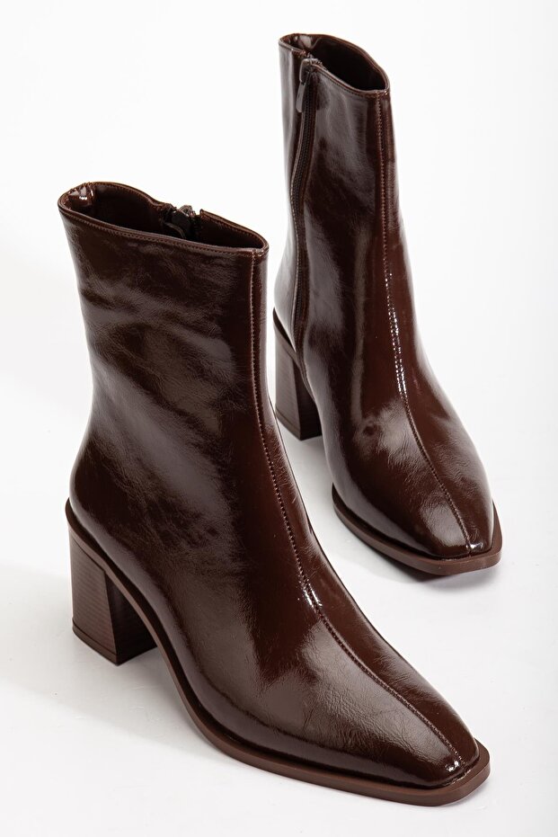 Brown Women's Thick Heeled Boots Patent Leather Blunt Toe Flat Bottom
