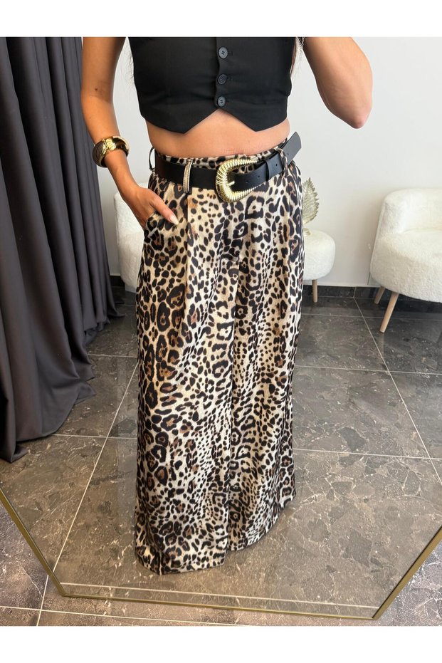 Women's Leopard Print Belted Palazzo Pants