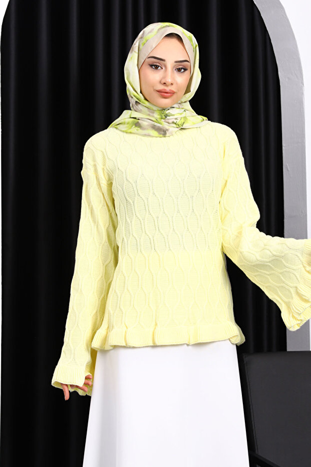 Yellow Waist and Sleeve Frill Trim Knit Sweater