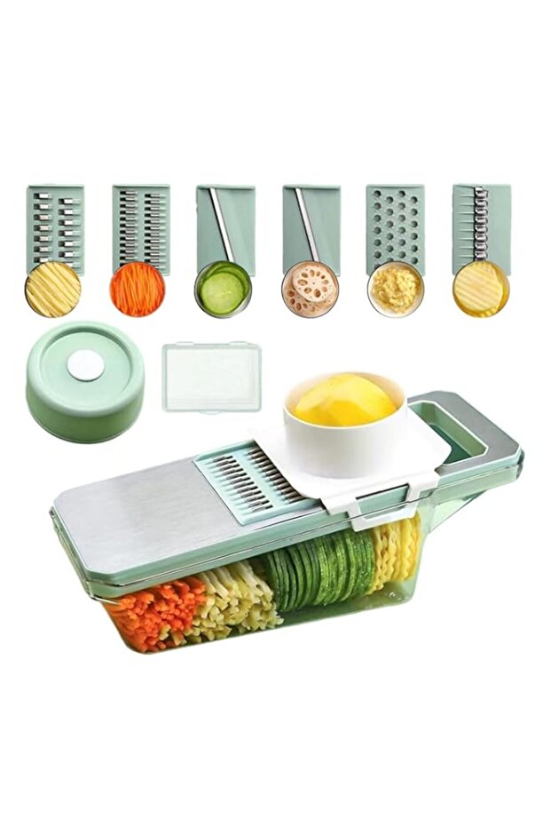 VAODO Vegetable Cutter, 2-in-1 Multifunctional Vegetable Drain and Slicer with Detachable 6 Blades, with Hand Guard and Storage Box