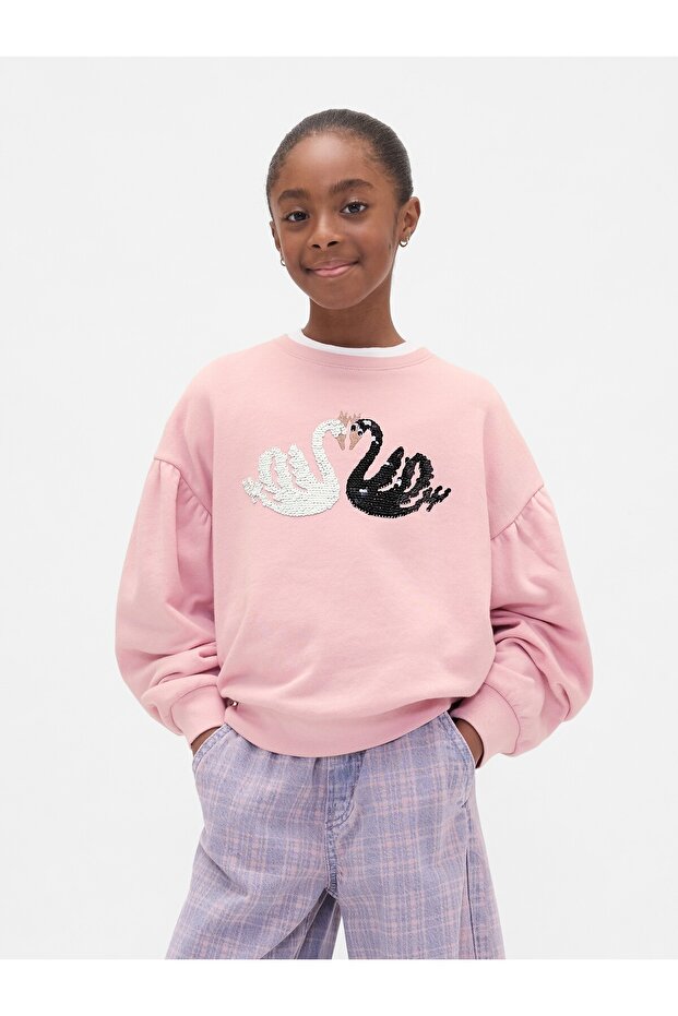 Kız Çocuk Pembe Relaxed Flippy-Sequin Grafikli Sweatshirt - 1