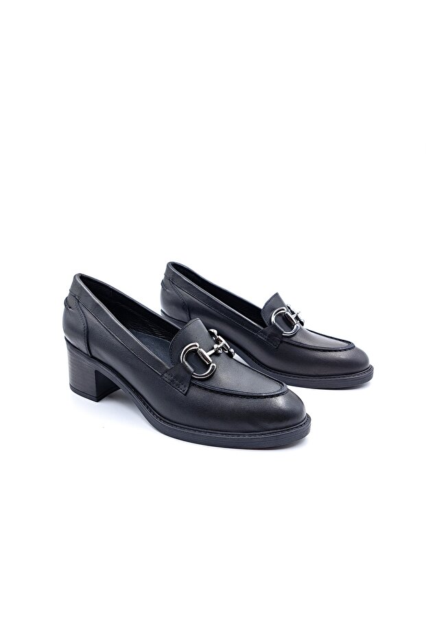 Genuine Leather 5 cm Heeled Black Women's Classic Loafer Shoes