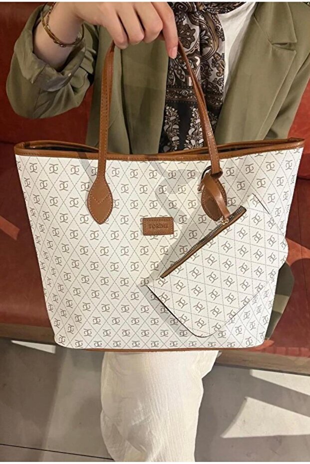 White-Tan Patterned Vegan Leather Large Shoulder & Handbag, with Wallet Gift – Large Internal Volume