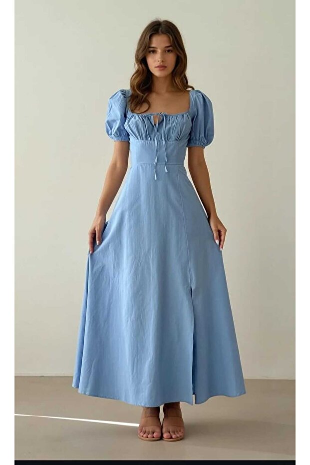 Açık soft mavi midi bou elbise - 3