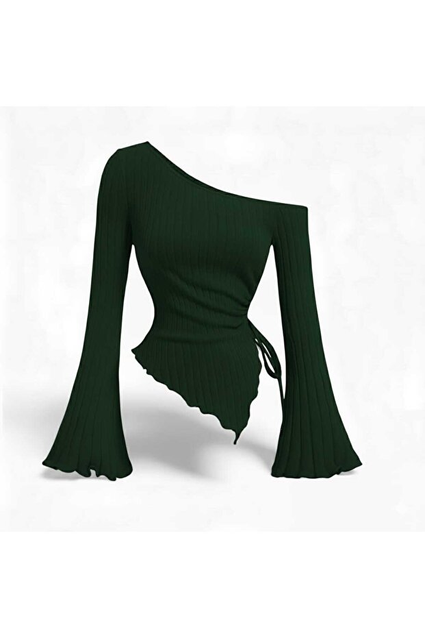 Women's Emerald Green Thick Ribbed Asymmetrical Neck Side Gathered Blouse