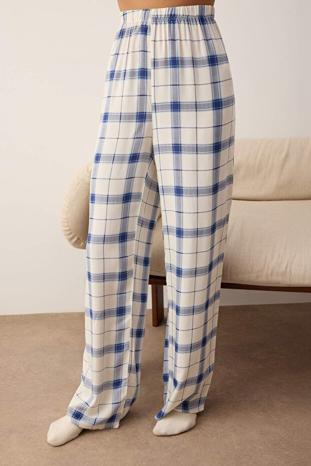 Mavi Ekoseli Viskon Dokuma Pijama Takımı THMAW26PT00066 - 3