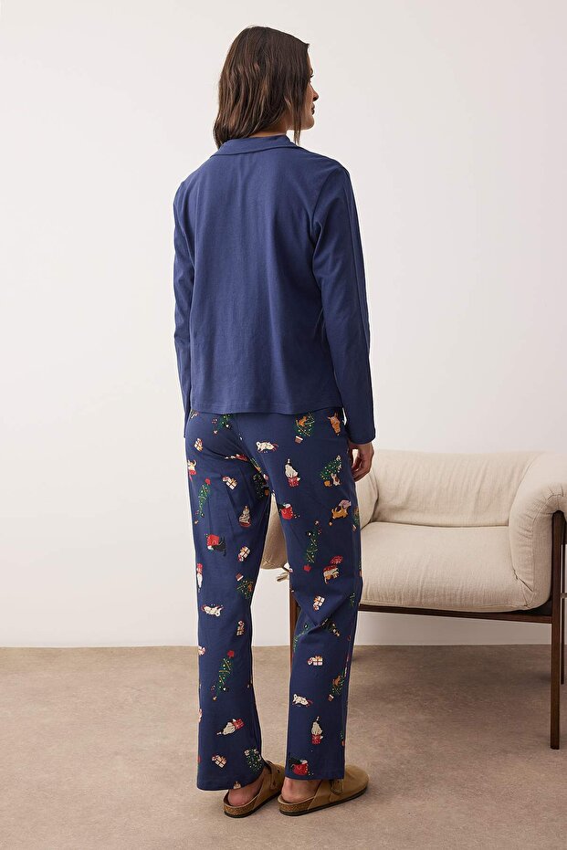Kadın Couple/Çift Lacivert %100 Pamuklu Yılbaşı Temalı Gömlek Yaka Örme Pijama Takımı THMAW26PT00172 - 5