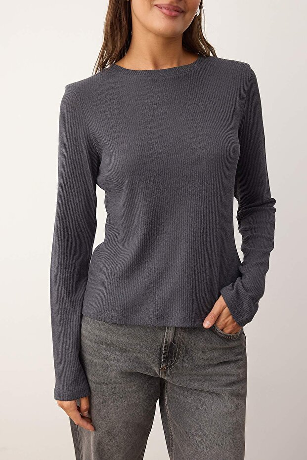 Wardrobe Essentials – Antrasit Triko Görünümlü Örme Bluz | TWOAW26BZ00150 - 3