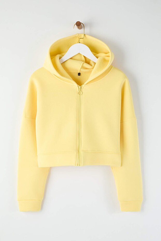 Açık Sarı Fermuarlı Kapüşonlu Rahat Kesim Crop Kalın İçi Polarlı Örme Sweatshirt TWOAW20SW0660 - 7