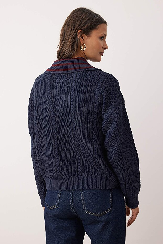 Navy Blue Hair Braided Wide Fit Turn-Down Collar Knitwear Sweater Twoaw26Kz00120 - 4