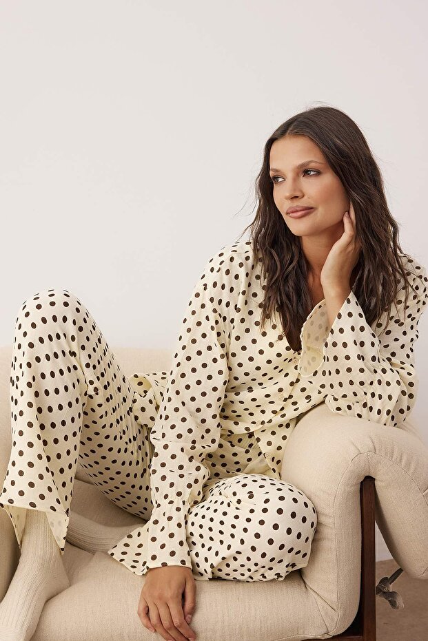 Ekru %100 Pamuklu Puantiyeli Müslin Kumaş Dokuma Pijama Takımı THMAW26PT00178 - 1