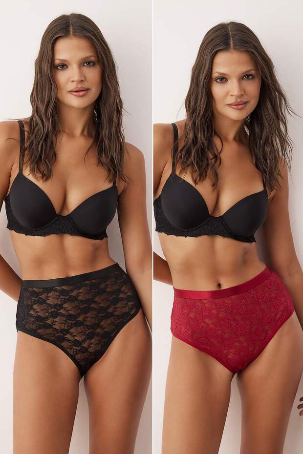 Siyah-Bordo 2'li Lastik Detaylı Dantel Hipster Örme Külot THMAW26KU00008 - 1
