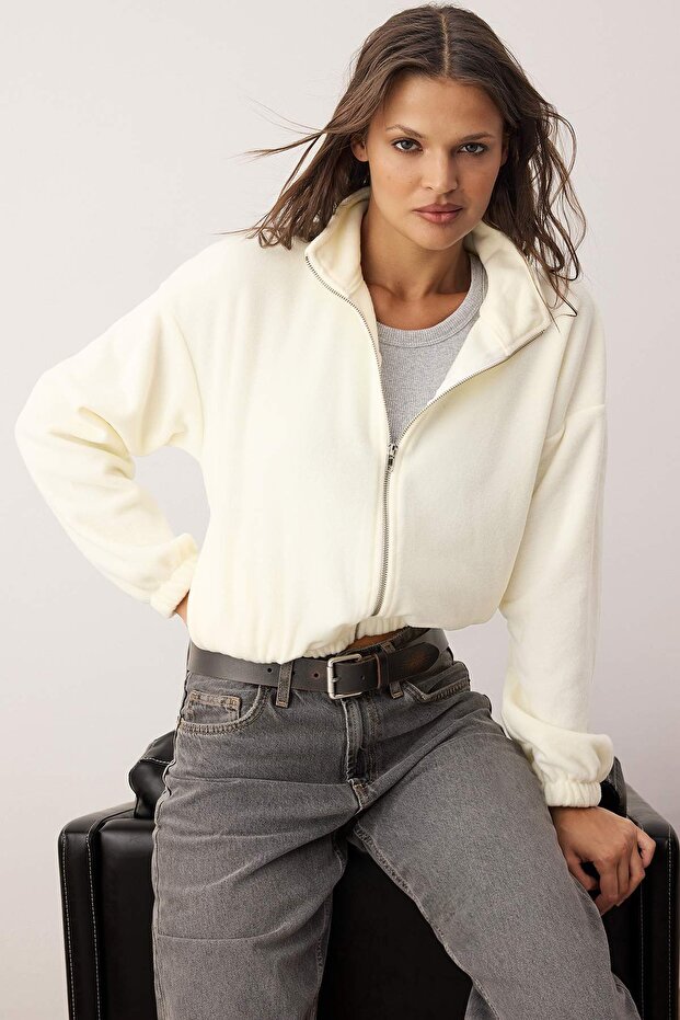 Ekru Polar Fermuarlı Oversize/Geniş Kalıp Kalın Örme Sweatshirt TWOAW26SW00057 - 2