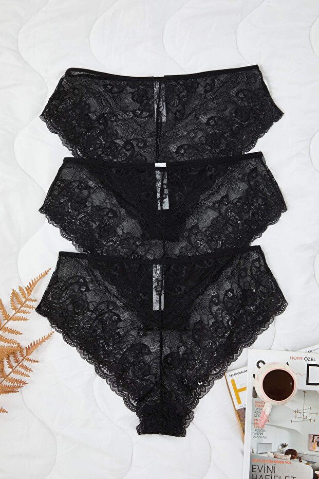 Siyah 3'lü Paket Yumuşak Dantelli Hipster Örme Esnek Büyük Beden Külot TBBAW25CM00008 - 5