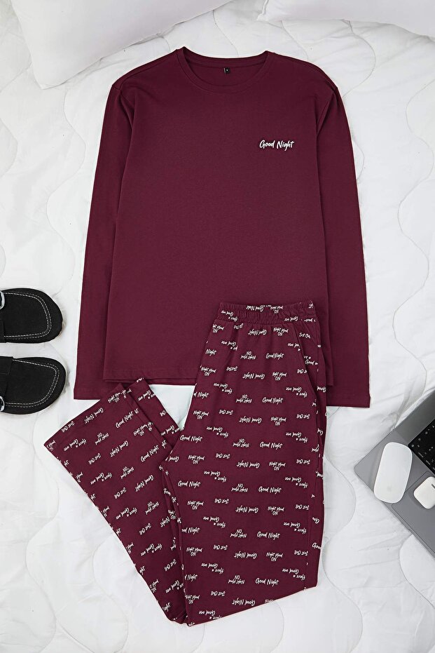 Bordo Regular Slogan Baskılı Örme Uzun Kol Pijama Takımı TMNAW26PT00032 - 1