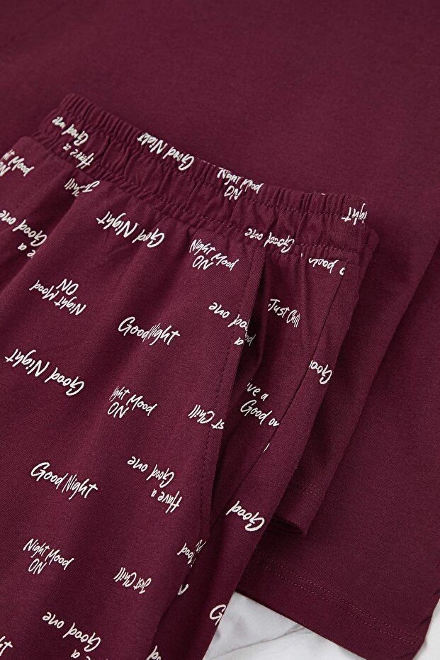 Bordo Regular Slogan Baskılı Örme Uzun Kol Pijama Takımı TMNAW26PT00032 - 2