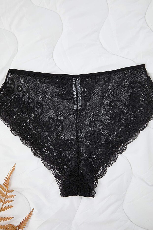 Siyah 3'lü Paket Yumuşak Dantelli Hipster Örme Esnek Büyük Beden Külot TBBAW25CM00008 - 7