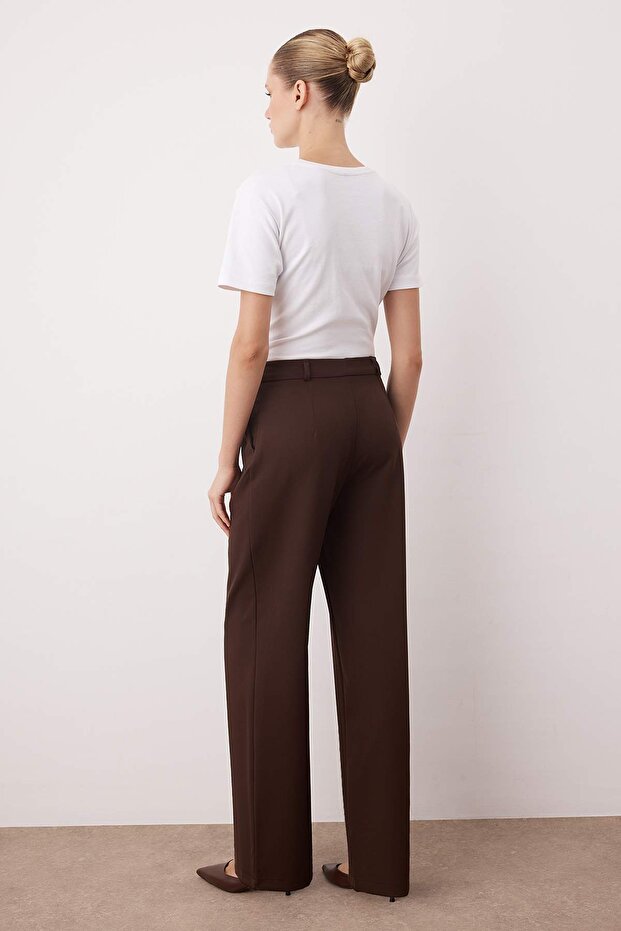 Kahverengi*001 Yüksek Bel Wide Leg/Geniş Paça Pilili Dokuma Pantolon TWOAW21PL0076 - 4