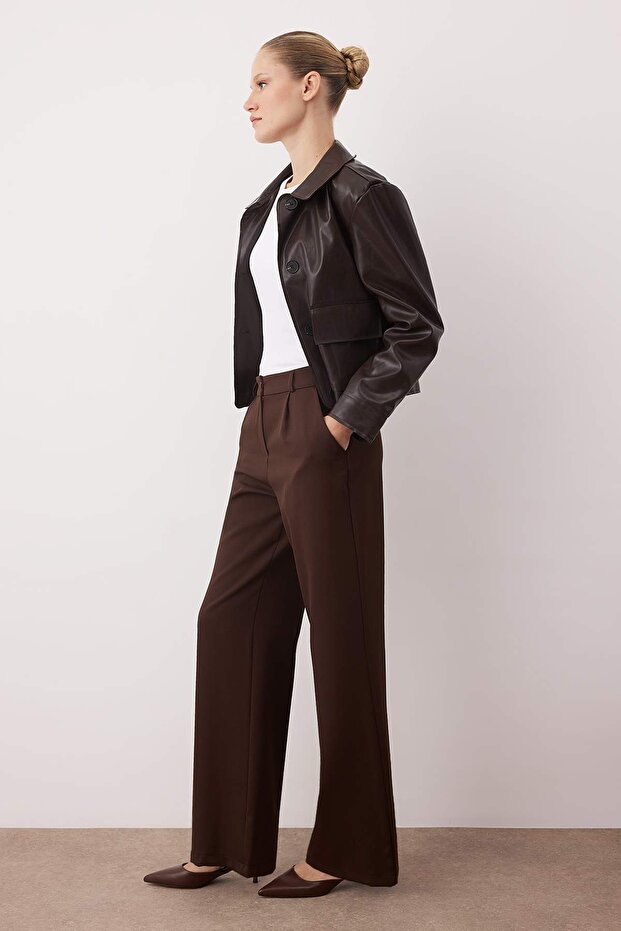 Kahverengi*001 Yüksek Bel Wide Leg/Geniş Paça Pilili Dokuma Pantolon TWOAW21PL0076 - 2