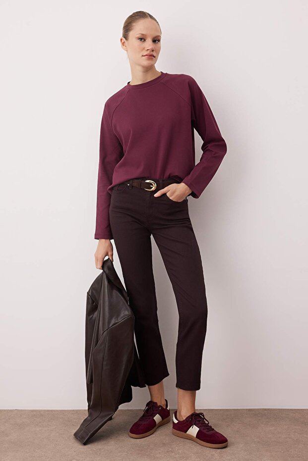 Mürdüm Relaxed/Boxy Fit Crop Uzun Kol Örme T-Shirt TWOAW26TS00022 - 2