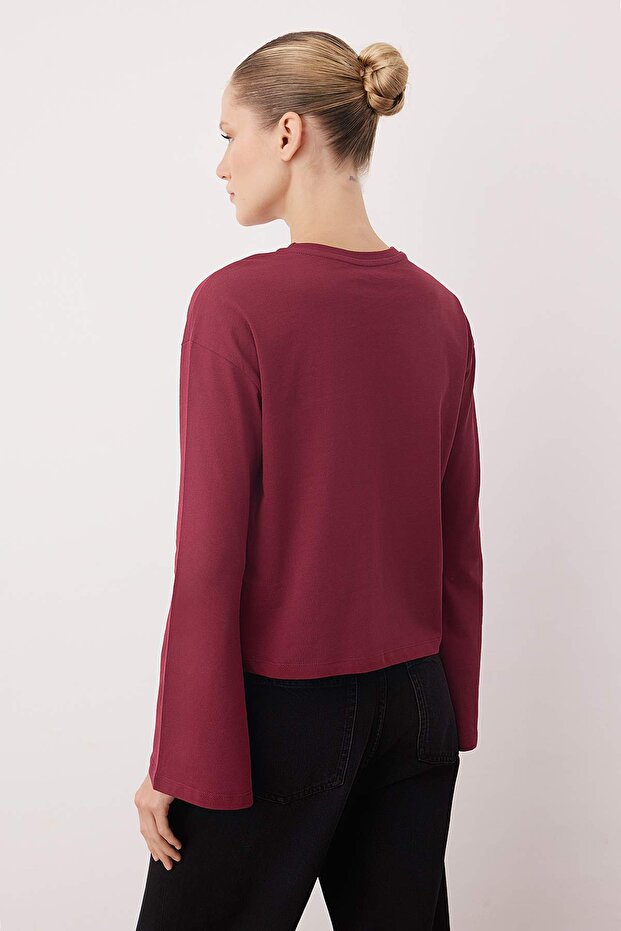 Bordo İspanyol Kol Bisiklet Yaka Regular/Normal Kalıp Örme T-Shirt TWOAW24TS00008 - 4