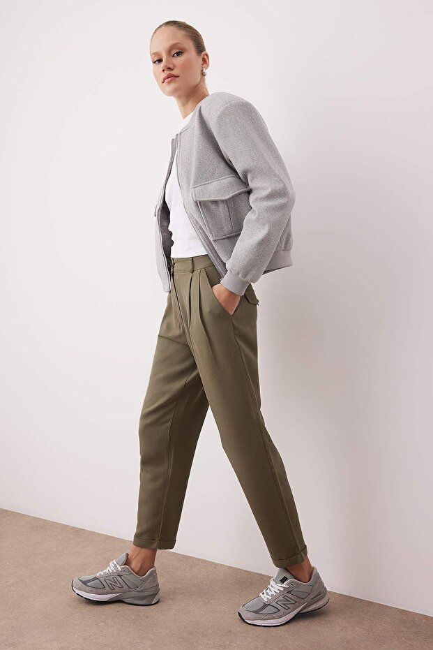 Haki Pilili Beli Lastikli Duble Paça Pantolon TWOAW26PL00125 - 3