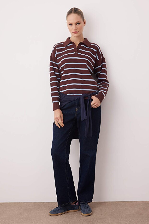 Wardrobe Essentials Kahverengi Premium/Özel İplik Polo Yaka Triko Kazak | TWOAW26KZ00060 - 2