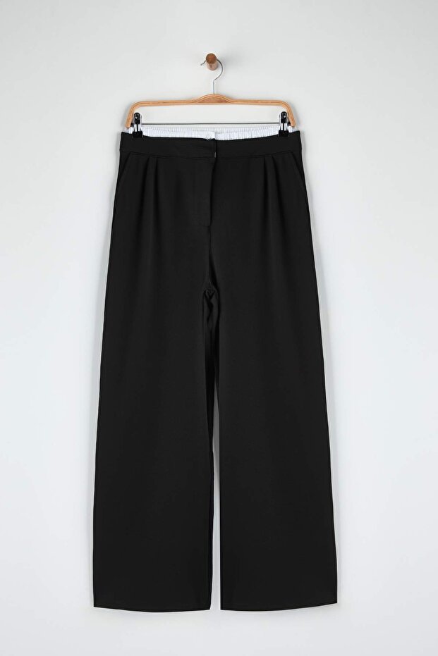 Siyah Wide Leg Boxer Kemer Detaylı Örme Pantolon TWOAW24PL00360 - 7