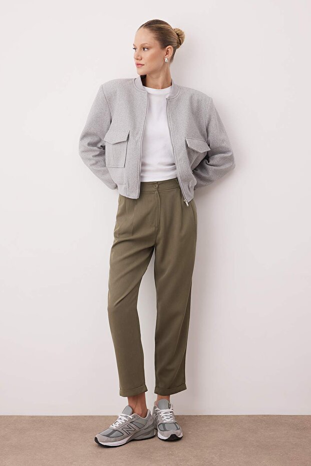 Haki Pilili Beli Lastikli Duble Paça Pantolon TWOAW26PL00125 - 2