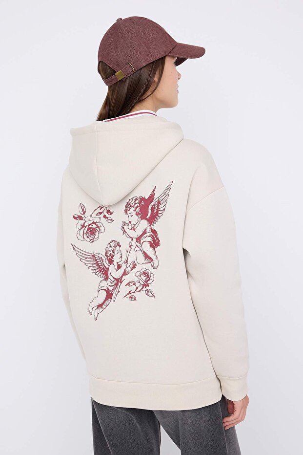 Teen Taş Kapüşonlu Sırt Melek Baskılı Kalın İçi Polarlı Oversize Örme Sweatshirt TWOAW26SW00198 - 4