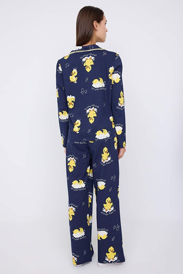 Teen Lacivert %100 Pamuklu Ördek Desenli Biyeli Örme Pijama Takımı THMAW26PT00117 - 4