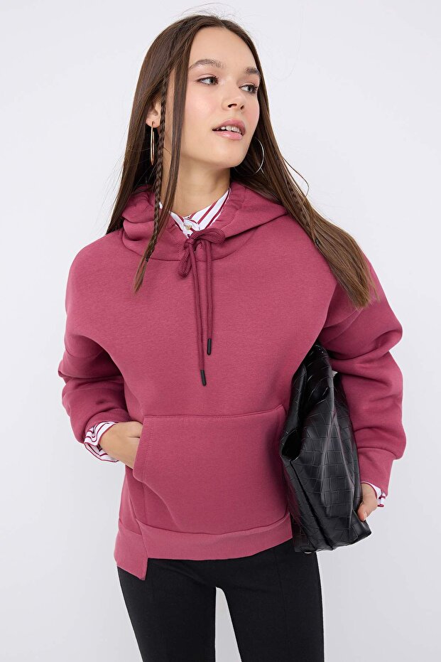 Teen Gül Kurusu Kalın İçi Polarlı Kapüşonlu Cepli Asimetrik Örme Sweatshirt TWOAW26SW00113 - 1