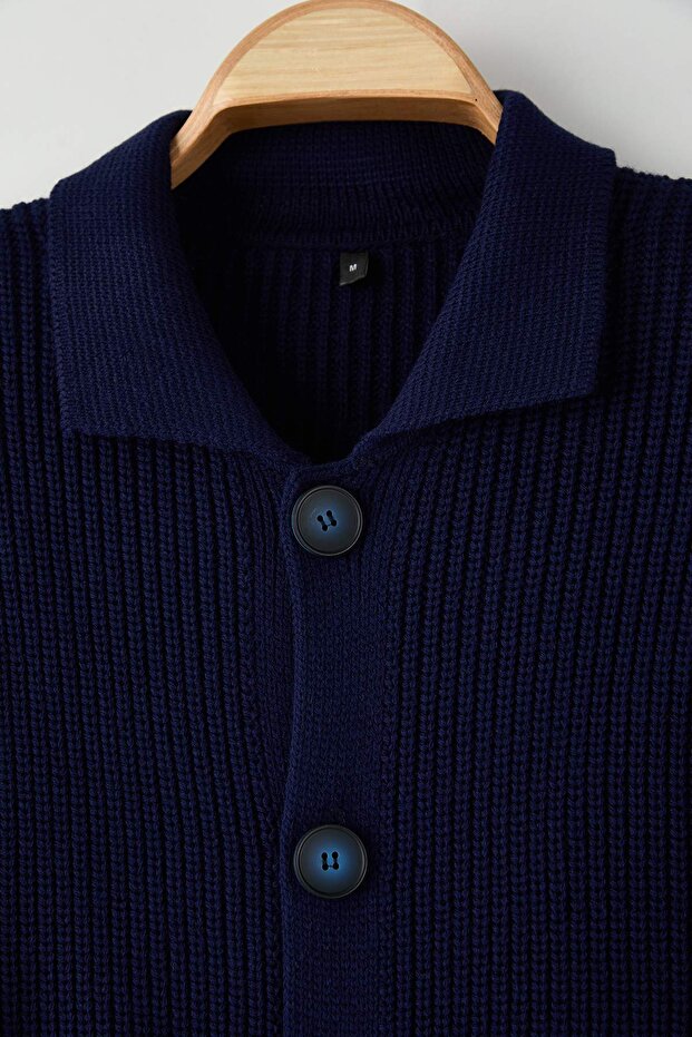 Lacivert Regular Polo Yaka Düz Düğmeli Hırka TMNAW26HI00001 - 8