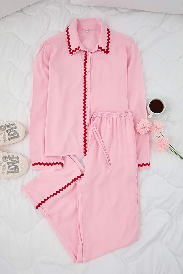 Pembe Şerit Detaylı Viskon Dokuma Pijama Takımı THMAW26PT00144 - 6