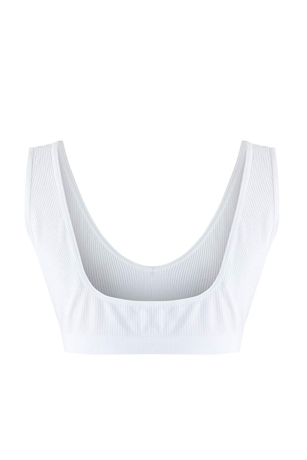 Beyaz V Yaka Seamless/Dikişsiz Balensiz Kapsız Esnek Bralette Örme Büyük Beden Sütyen TBBAW26CW00008 - 4