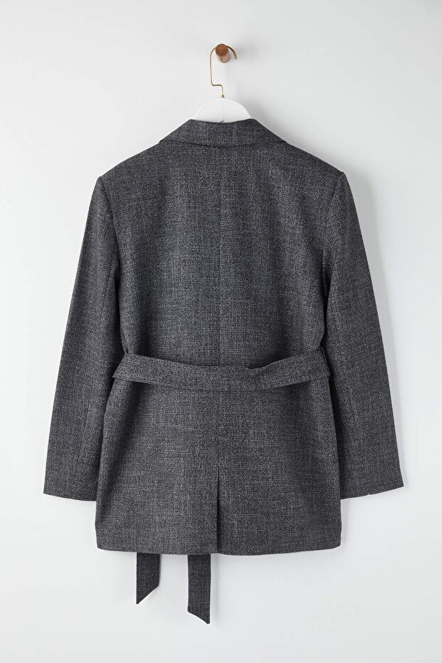 EXCLUSIVE Özel Koleksiyon Antrasit Kuşaklı Oversize Yün İçerikli Blazer Ceket TWOAW26BC00049 - 8