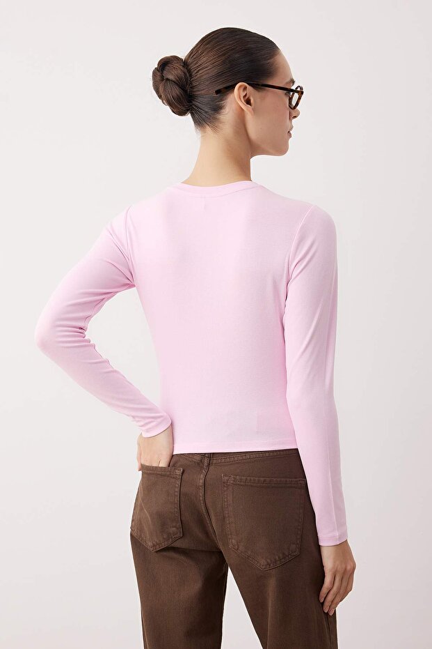 Açık Pembe Viskon Bisiklet Yaka Crop Esnek Örme Bluz TWOAW24BZ00116 - 4