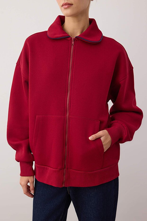 Bordo Polo Yaka Biyeli Oversize/Geniş Kalıp Örme Sweatshirt TWOAW26SW00195 - 3