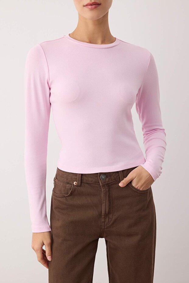 Açık Pembe Viskon Bisiklet Yaka Crop Esnek Örme Bluz TWOAW24BZ00116 - 3