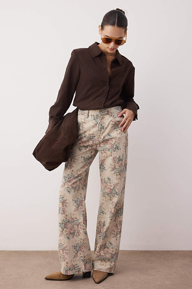 Çok Renkli Çiçek Desenli Yüksek Bel Wide Leg Jeans TWOAW26JE00246 - 2