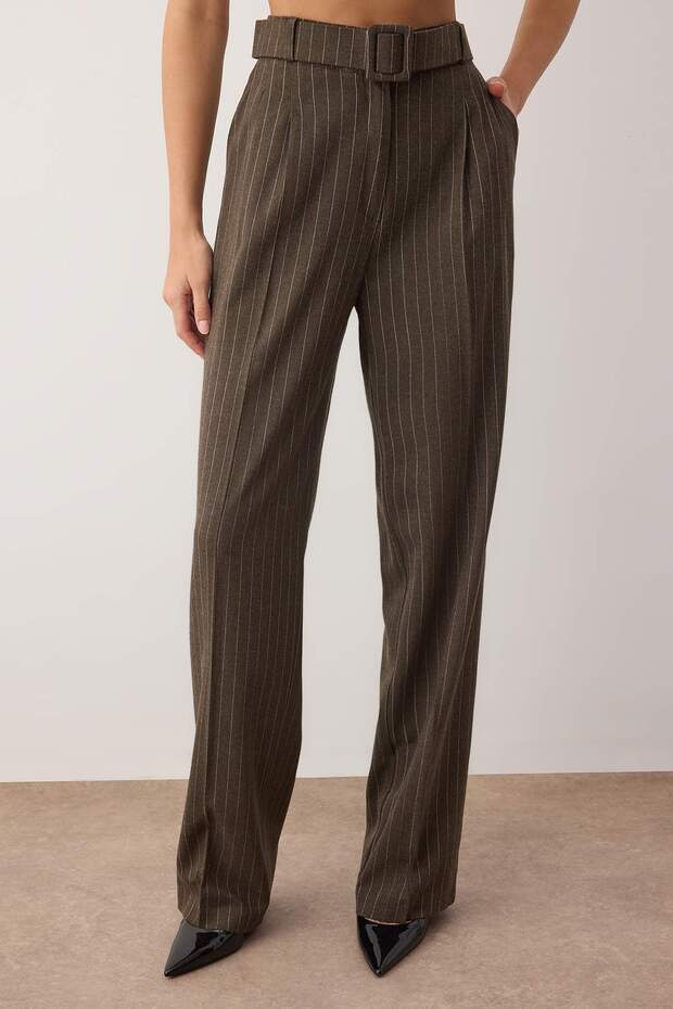 Haki Kemerli Çizgili Dokuma Geniş Paça Pantolon TWOAW26PL00083 - 3