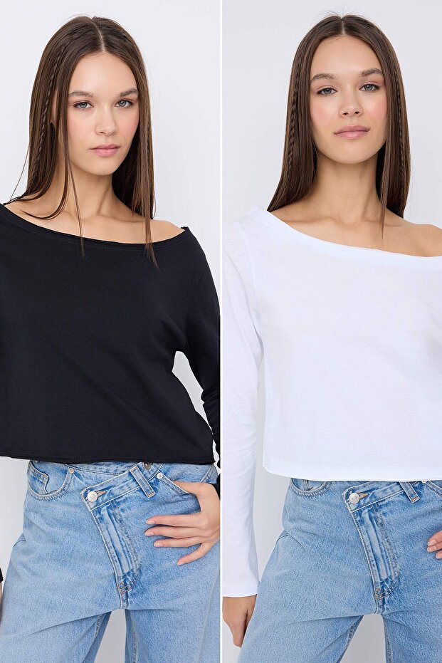 Siyah-Beyaz %100 Pamuk Asimetrik Kayık Yaka Relaxed/Rahat Kesim Örme T-Shirt TWOAW26TS00016 - 1