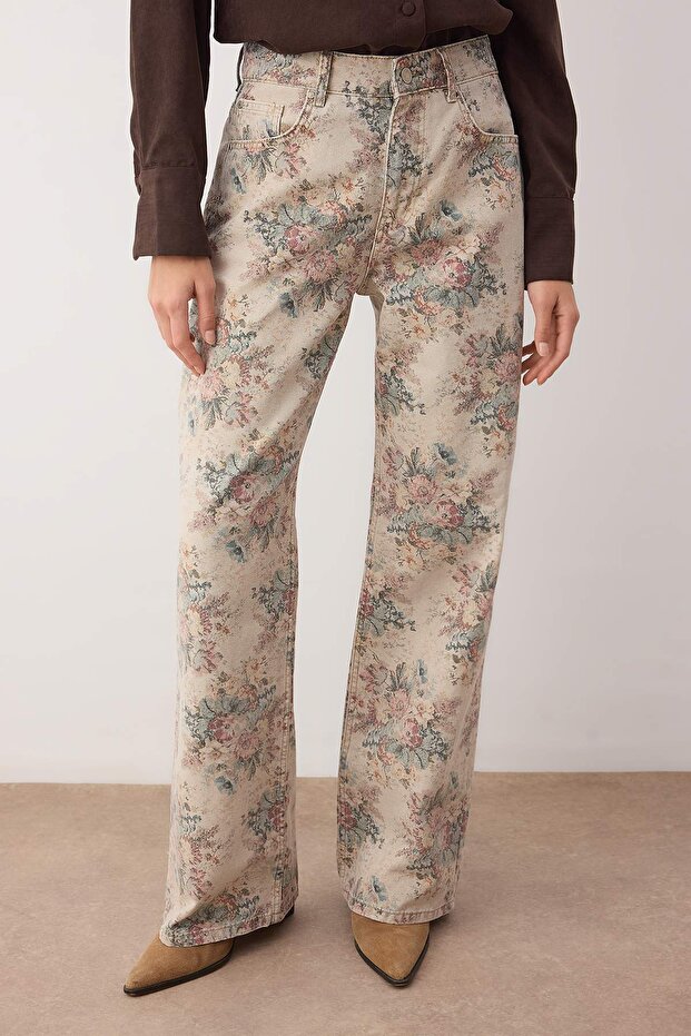 Çok Renkli Çiçek Desenli Yüksek Bel Wide Leg Jeans TWOAW26JE00246 - 3