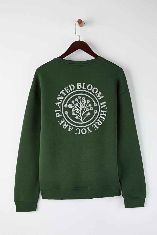 Haki Oversize/Geniş Kesim Çiçek Nakışlı İçi Polarlı Pamuklu Sweatshirt TMNAW24SW00012 - 5