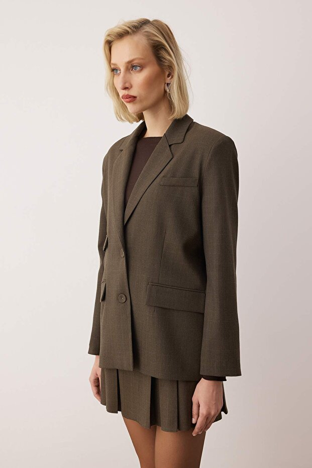 EXCLUSIVE Özel Koleksiyon Vizon Cep Detaylı Ekoseli Oversize Blazer Ceket TWOAW26BC00048 - 4
