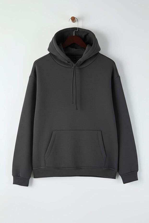 Antrasit Regular/Normal Kesim Kapüşonlu İçi Polar/Sıcak Tutan Sweatshirt TMNAW20SW0163 - 5