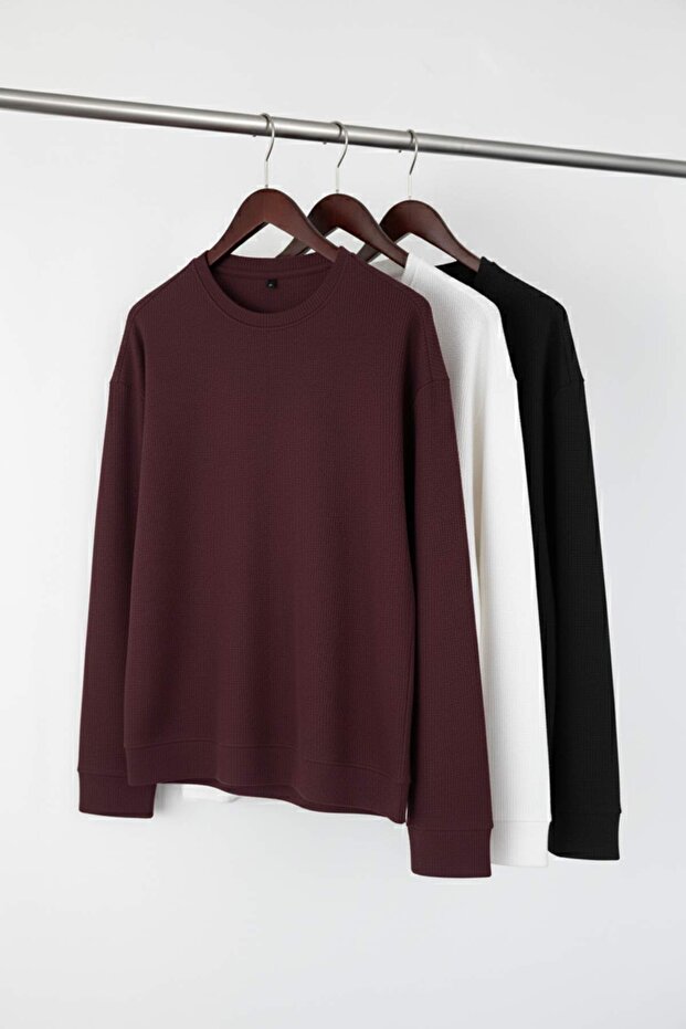 Siyah- Kahverengi- Beyaz Regular/Normal Uzun Kollu 3'lü Basic Paket T-Shirt TMNAW21TS0197 - 1