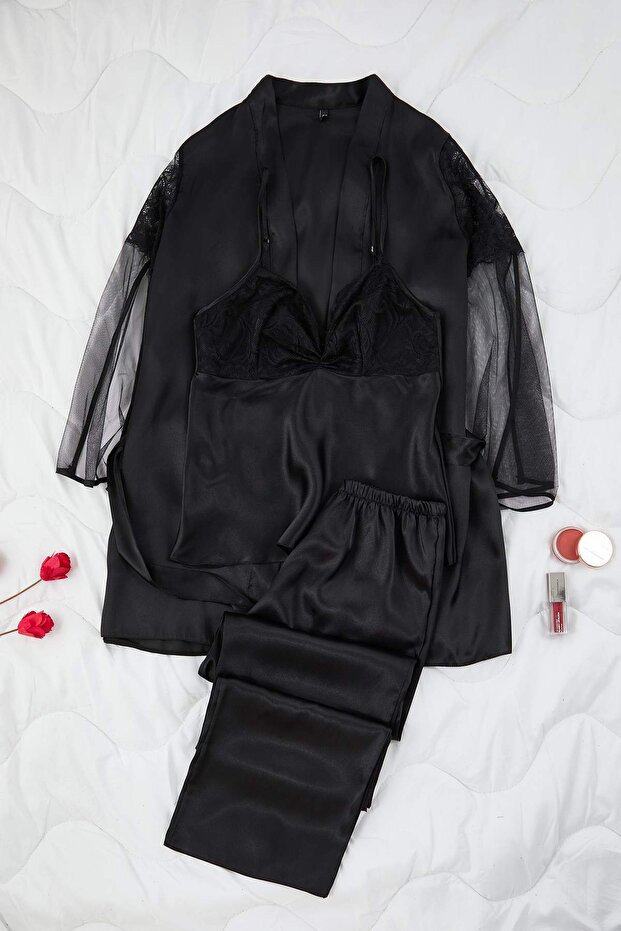 Siyah 3'lü Çeyiz Set Saten Dokuma Pijama Takımı THMAW26PT00199 - 6