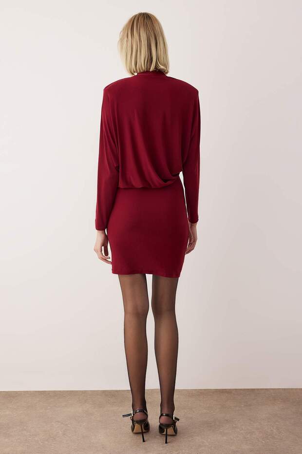 Bordo Vatkalı Örme Mini Astarsız Elbisesi TPRAW26EL00126 - 5