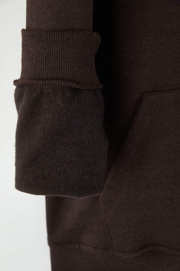 Kahverengi Büyük Beden Oversize/Geniş Kesim İçi Polar Kapüşonlu Sweatshirt TMNAW24AO00013 - 3